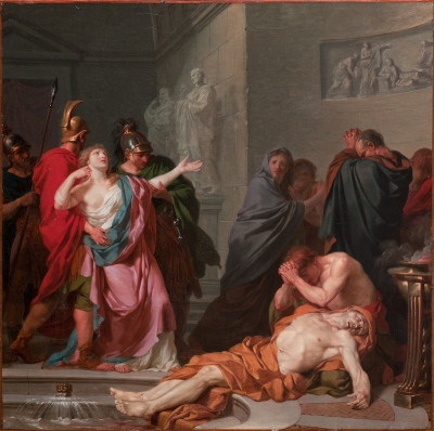 A painting of a woman in Roman dress raising her hands while two soldiers carry her away. At her feet, on a staircase, a man holds his hands above a dead man