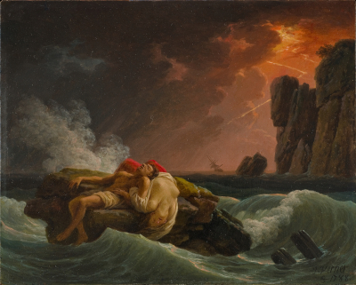 A painting of a dead man and woman lying on top of each on a rock in the middle of the sea.