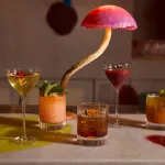 6 cocktails in different shades of amber are on a bar underneath a rather realistic-looking mushroom lamp. They all have different elegant garnishes: herbs, cinnamon sticks, cherries, and flowers.