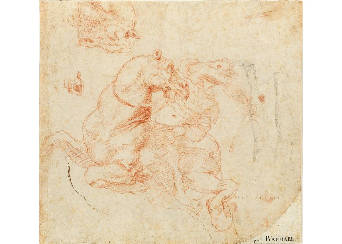 A red chalk drawing showing a man riding a horse in battle.