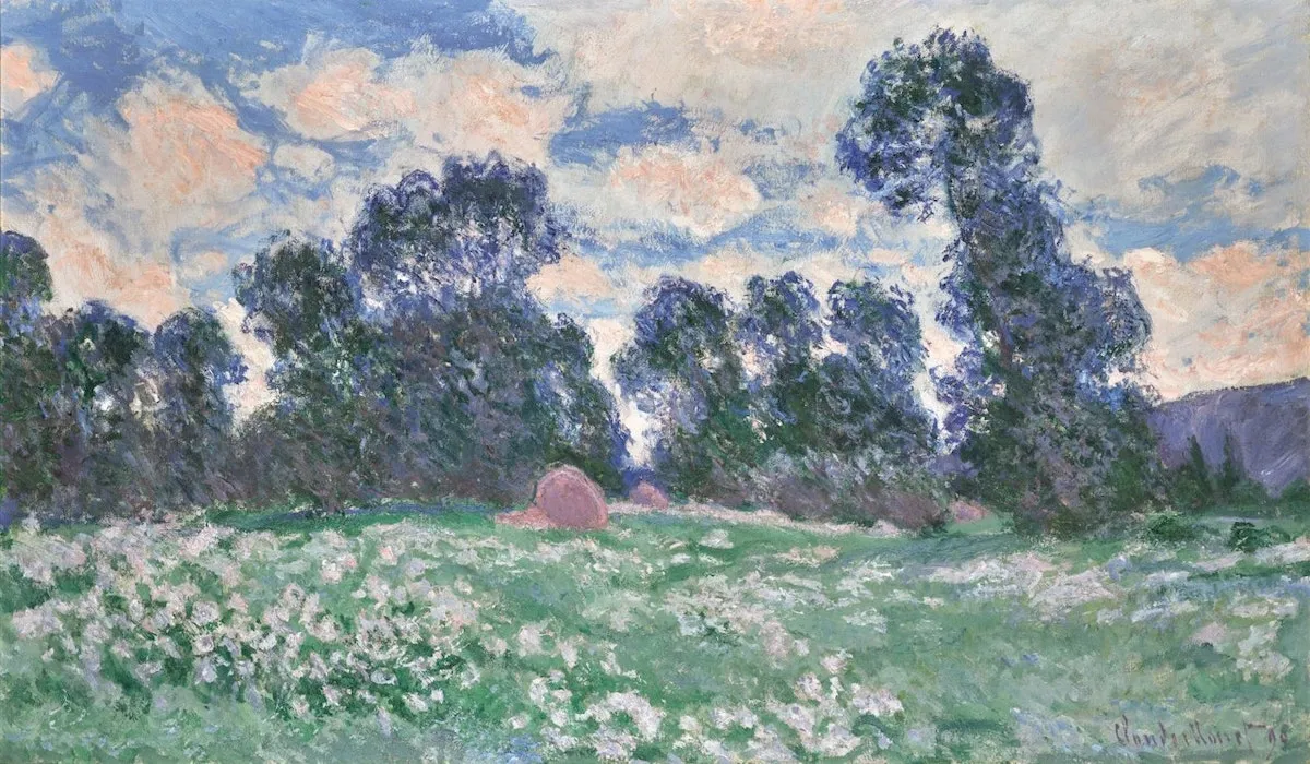 A landscape painting showing wispy trees set against a cloudy sky. The field before them has an abstracted hay bale and pink flowers.