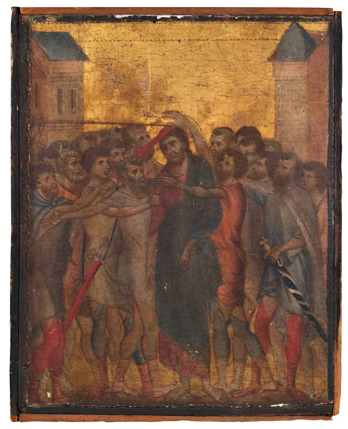 A group of people clustered around a Christ figure against a background of buildings and gold leaf.
