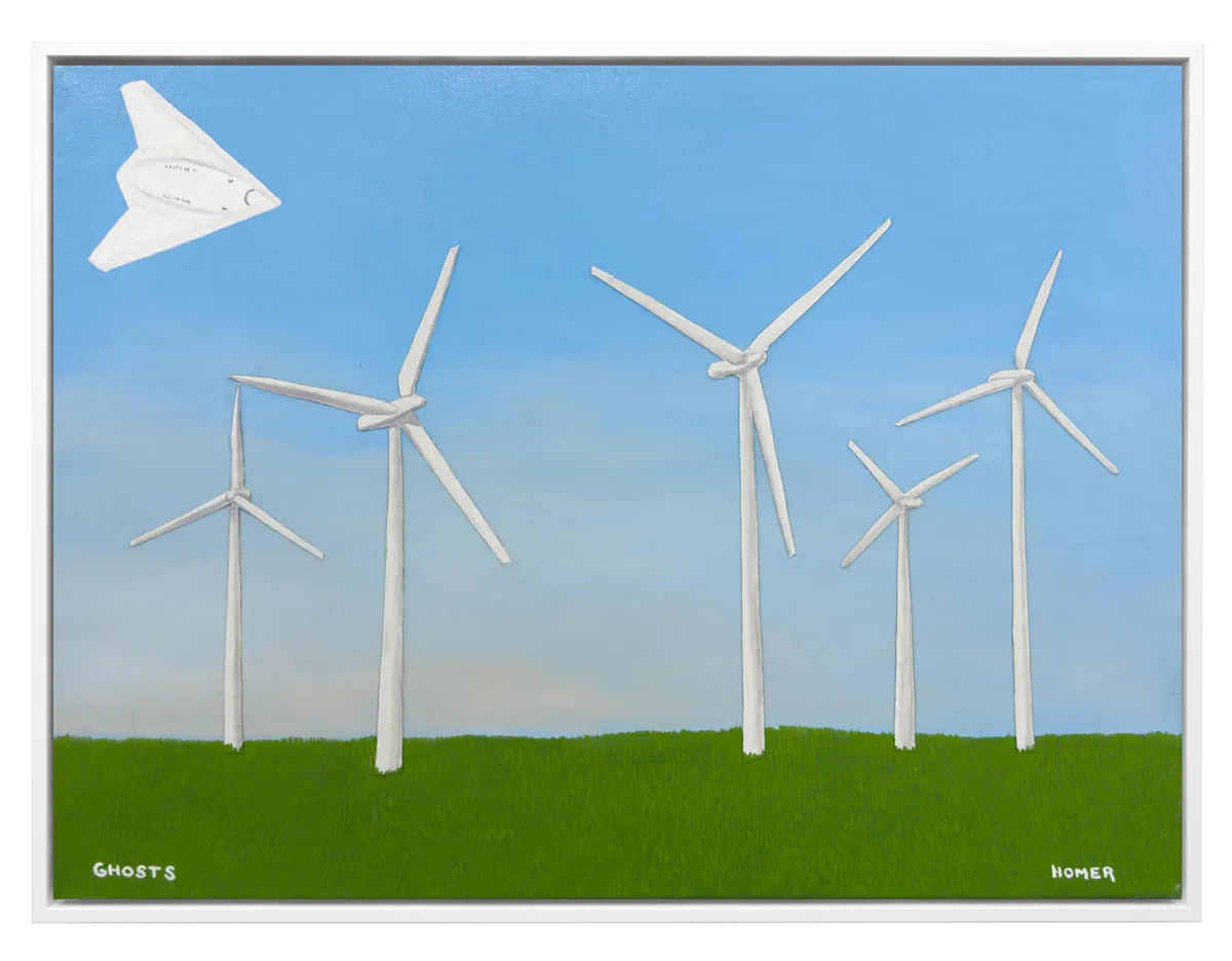 A painting of five windmills in a field with a shuttle or plane flying in the upper left corner.