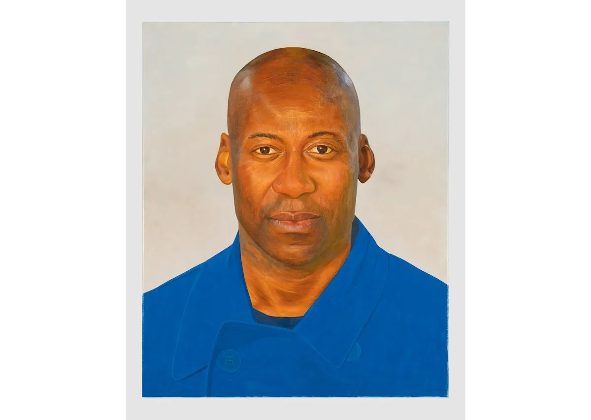 A painting of a Black man wearing a blue jacket.